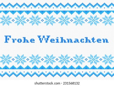 vector illustration of a blue and white german Christmas knit greeting card Frohe Weihnachten (german) = Merry Christmas