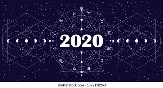 vector illustration of blue and white liner geometric zodiac circle and 2020 year sign horoscopes forecast banner