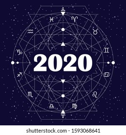 vector illustration of blue and white liner geometric zodiac circle and 2020 horoscopes forecast poster 