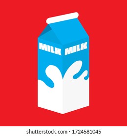 Vector illustration of blue and white milk carton isolated on red background