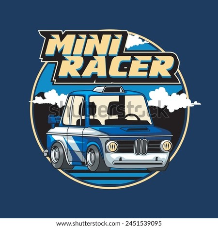 Vector Illustration of Blue and White Mini Car with Vintage Illustration Available for Kids Badge