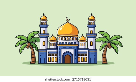 Ilustración vectorial de una mezquita azul y blanca con una cúpula dorada, luna creciente, dos minaretes y dos palmeras verdes.