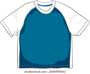 Vector illustration of a blue and white raglan t-shirt with clean lines and a simple design