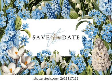 Vector illustration with blue and white spring flowers isolated on a changeable background. Vintage floral design template for a greeting card, flyer or certificate.