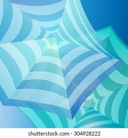 Vector illustration. Blue and white striped beach umbrellas.