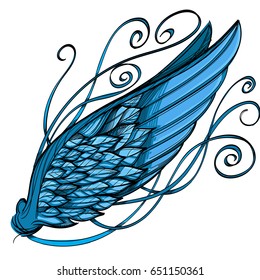 Vector illustration of blue wing, isolated on white background. Design element for emblem, sign and more.