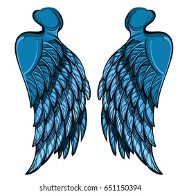 Vector illustration of blue wings, isolated on white background. Design element for emblem, sign and more.