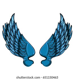 Vector illustration of blue wings, isolated on white background. Design element for emblem, sign and more.