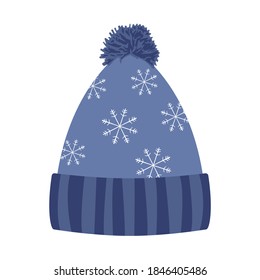 Vector illustration. Blue winter hat isolated icon on white background. Flat illustration. Winter hat with snowflakes.