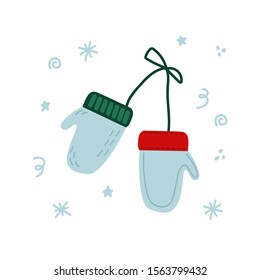 Vector illustration of blue winter mittens with snowflakes, stars and doodle decorations around. Hand drawn isolated objects on a white background. Perfect for christmas, new year, holiday design. 