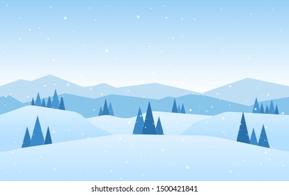 Vector illustration: Blue Winter Mountains landscape with pines and hills.