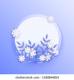 Vector illustration of blue winter natural banner with empty space for text - white blank round shape with blue plant leaves and falling snowflakes in paper art style for seasonal design.