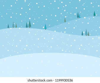 Vector illustration of blue winter scenery background. Snow falling on the mountains landscape in winter image.