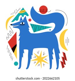 Ilustración vectorial con lobo azul o zorro con elementos de decoración abstracta. Diseño de impresión moderno con animales salvajes