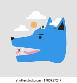 Vector illustration with blue wolf head and woman. Concept art of predator and victim, aggression and resistance, violence. Trendy flat style print design with animal