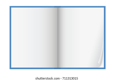 Vector illustration of a blue workbook with leaves with curved corner and shadows