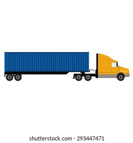 Vector illustration of blue and yellow cargo truck. Truck with container. Delivery transport