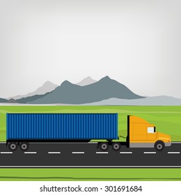 Vector illustration of blue and yellow cargo truck driving on the road. Mountain landscape or background. Truck with container. Delivery transport