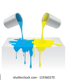 Vector illustration of blue and yellow color paint pouring from a can and dripping into background surface. Isolated on white