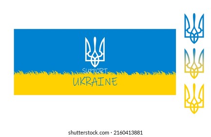 Vector illustration in blue and yellow colors in support of Ukraine. Slogan: "SUPPORT UKRAINE". For humanitarian aid, charity. Blue sky and wheat field and coat of arms of Ukraine