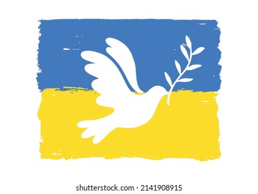 Vector illustration of Blue and Yellow flag of Ukraine with flying bird dove as a symbol of peace isolated on white background. Stop War concept.