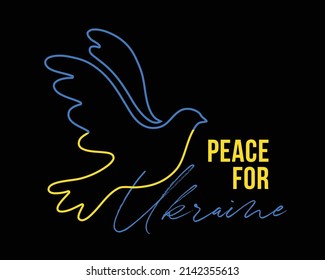 Ilustración vectorial de la paloma de pájaro volador azul y amarillo como símbolo con letras de Peace For Ukraine aislado en el fondo negro. Parar el concepto de guerra. 