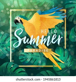 Vector illustration of blue and yellow macaw on tropical leaf background decorated with golden frame and Hello Summer paradise text design