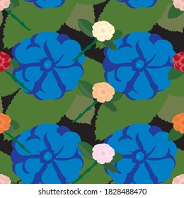 Vector illustration of blue, yellow, orange and red flowers with leaves and stems. Small and large flowers. Seamless pattern.
