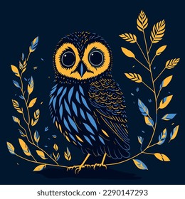 Vector illustration of a blue and yellow owl perched on a branch with leaves. Engraving style for your design and print projects.