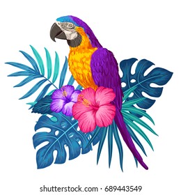 Vector illustration of blue and yellow parrot ara macaw with tropical leaves and hibiscus flowers