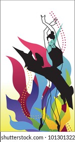 vector illustration with a blue, yellow, pink and violet flame, abstraction, a background, a gradient, dance, the ballet, an expression, a dress, the ballerina