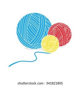 Vector illustration blue, yellow and red yarn ball for knitting 