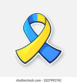 Vector illustration. Blue and yellow ribbon, symbol of World Down Syndrome Day. Sticker with contour. Isolated on white background