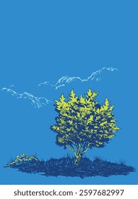 
Vector Illustration in blue and yellow shades of a tree on a blue background with mountains in the background, for decorating your designs in a natural autumn style