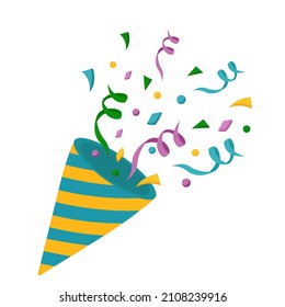 Vector illustration of a blue - yellow striped party popper with colorful confetti isolated on a white background.