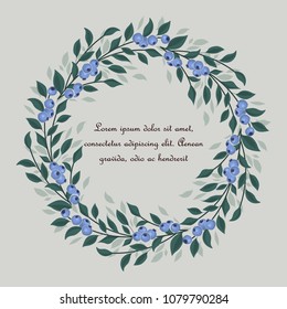 Vector illustration of blueberries fruit and leaves on a white background. Natural frame