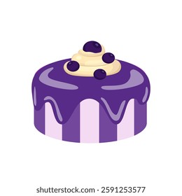 A vector illustration of a blueberry cake with purple glaze, whipped cream, and fresh blueberries on top. Perfect for bakery, dessert menus, food packaging, and sweet themed designs.