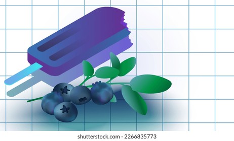 Vector illustration of blueberry popsicle ice cream on a stick. Advertising sweets, cafe with desserts.