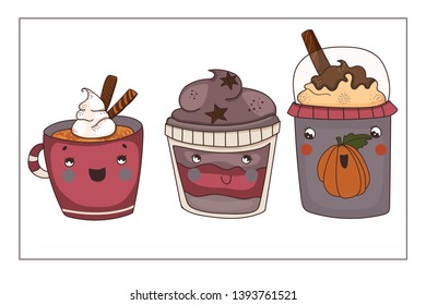 Vector illustration of Blueberry, raspberry, and chocolate coffee with beautiful jars and mugs with cute faces.