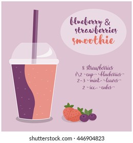 Vector illustration of Blueberry and Strawberries Smoothie recipe with ingredients. Template for restaurant or cafe menu. Smoothie recipe, Smoothie vector,Smoothie fruit,Smoothie breakfast