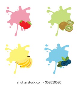 Vector illustration blueberry, strawberry, banana and kiwi yogurt logos. Milk product food. Splash of blueberry, strawberry, banana and kiwi yogurt