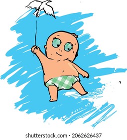 Vector illustration of a blue-eyed baby carried on a rope by a flying white bird