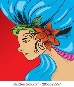 vector illustration of a blue-haired woman who has flowers around her hair, can be used as screen printing for t-shirts, wall displays, mascots, magazine book covers

