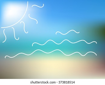 Vector illustration of blur beach and resort symbols: sun and waves. Natural blurred background 