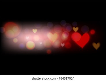 Vector illustration blur bokeh background and little hearts on black color for Valentine'day.