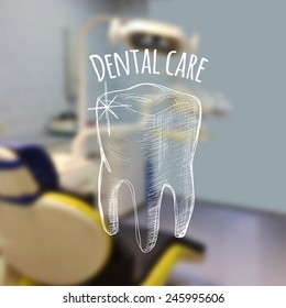 Vector illustration. Blurred background a dentist, with sketch - Healthy tooth