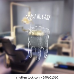 Vector illustration. Blurred background a dentist, with sketch - Healthy tooth