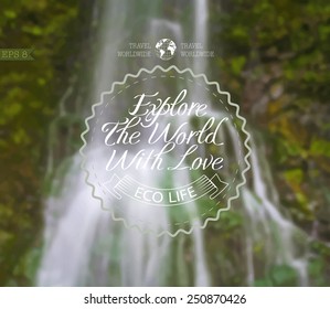 Vector illustration of blurred background for design. Waterfall landscape. Outdoor. Travel design. Travel label. Template for poster. Retro backdrop. EPS 8.