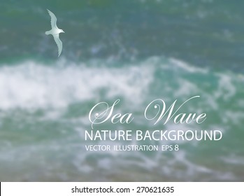 Vector illustration of blurred background for design. Seagull. Sea wave. Sea water. Travel design. Hipster label. Template for poster. Retro backdrop. EPS 8.