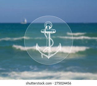 Vector illustration of blurred background for design. Sailboat at sea landscape. Vintage anchor. Sea adventure. Sea voyage. Travel design. Travel label. Template for poster. Retro backdrop. EPS 8.